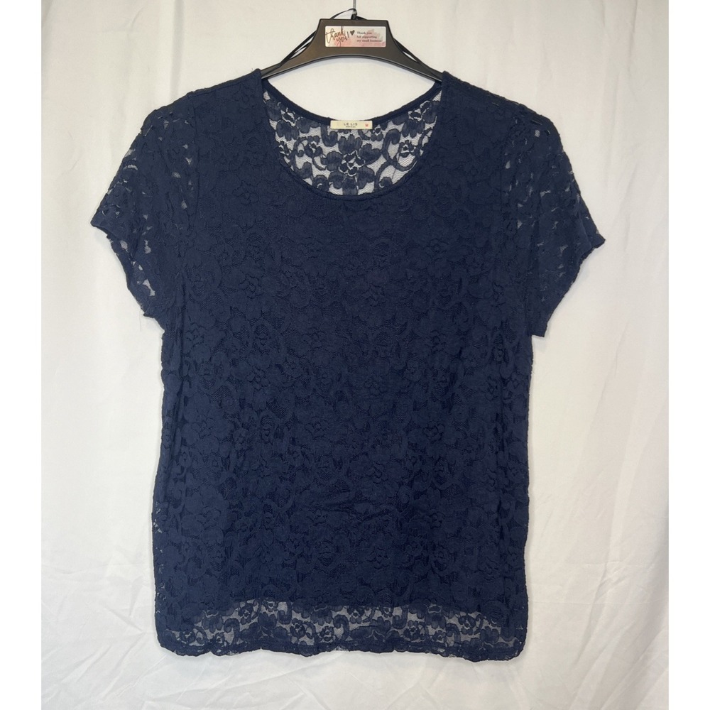 Le Lis Womens Size 1XL Dark Blue Lace Front Top Lined Blouse Made in USA
